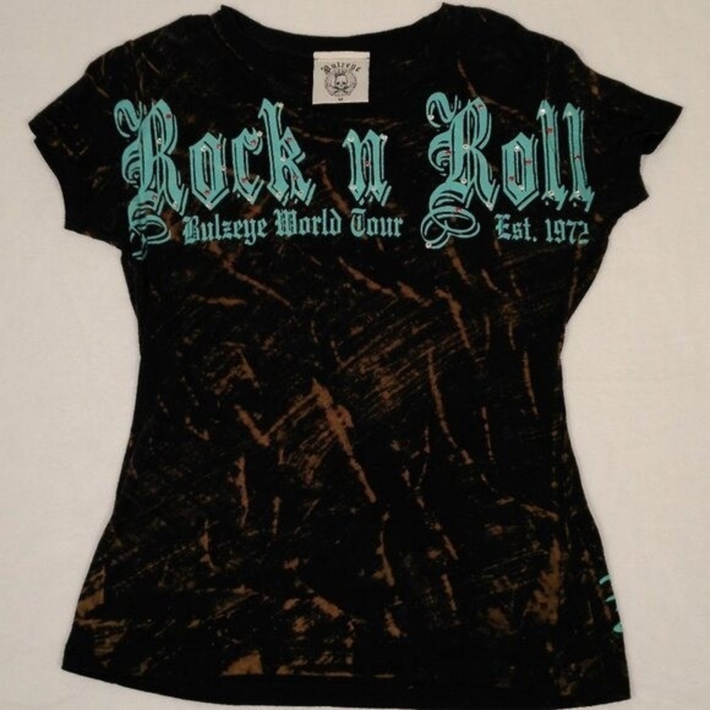 Bulzeye Rock n Roll Rhinestone Graphic Tee Distressed Black Turquoise Wings‎ M